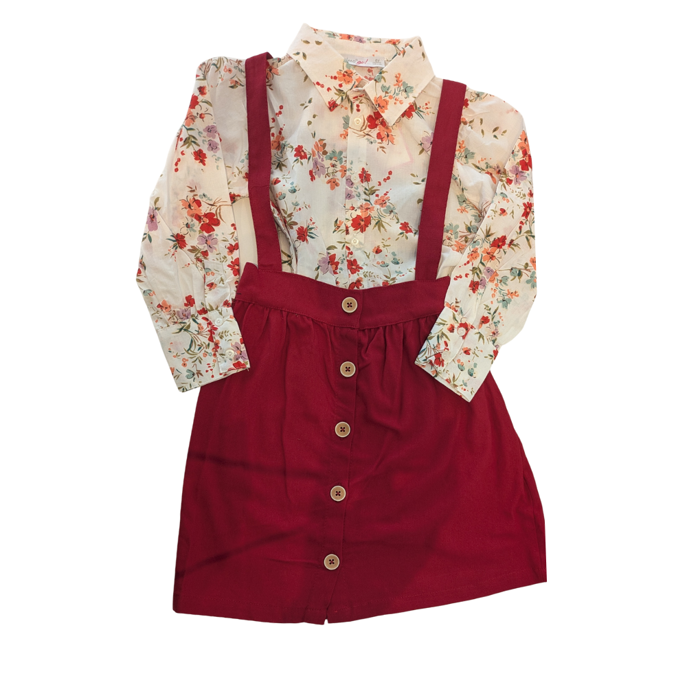 Mädchen-Set: Bluse mit Blumenprint & Rock mit Trägern – Frühlingstraum in Bordeaux