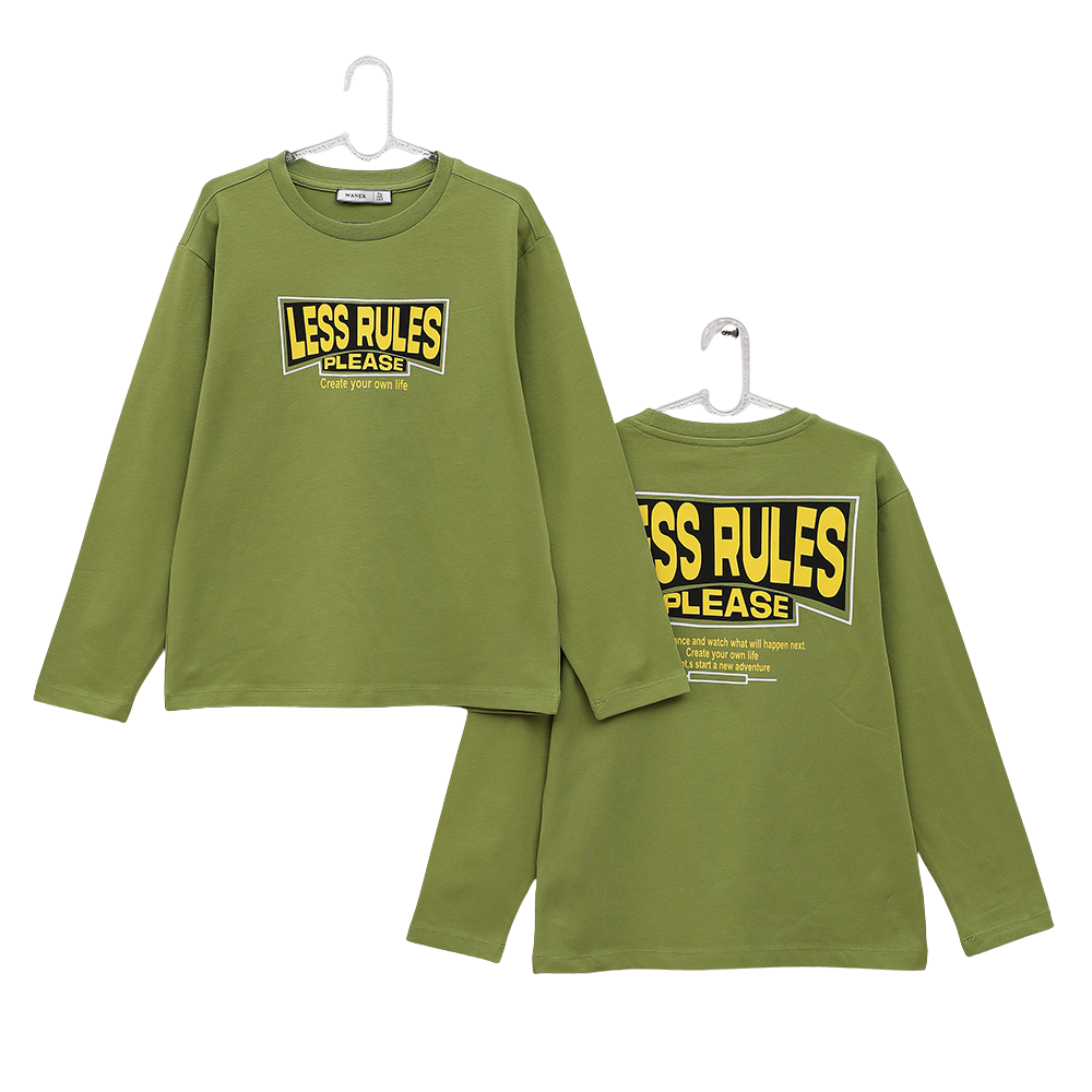 Langarmshirt „LESS RULES PLEASE“ – Größen 122–152 Jungen – in Grün oder Blau